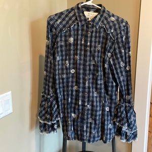 Ryan Michael plaid shirt with bell fringed sleeves size Medium